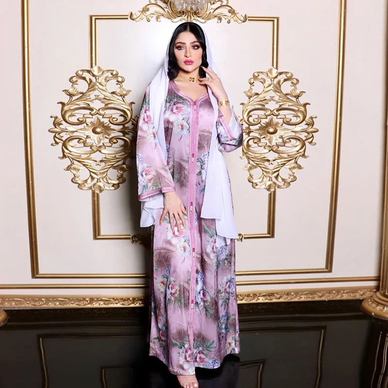 Maxi Caftan Islamic Dress Woman Abaya Dubai Turkey Muslim 2022 Print Long Evening Dress Kaftan Marocain Turkish Jilbab Clothes