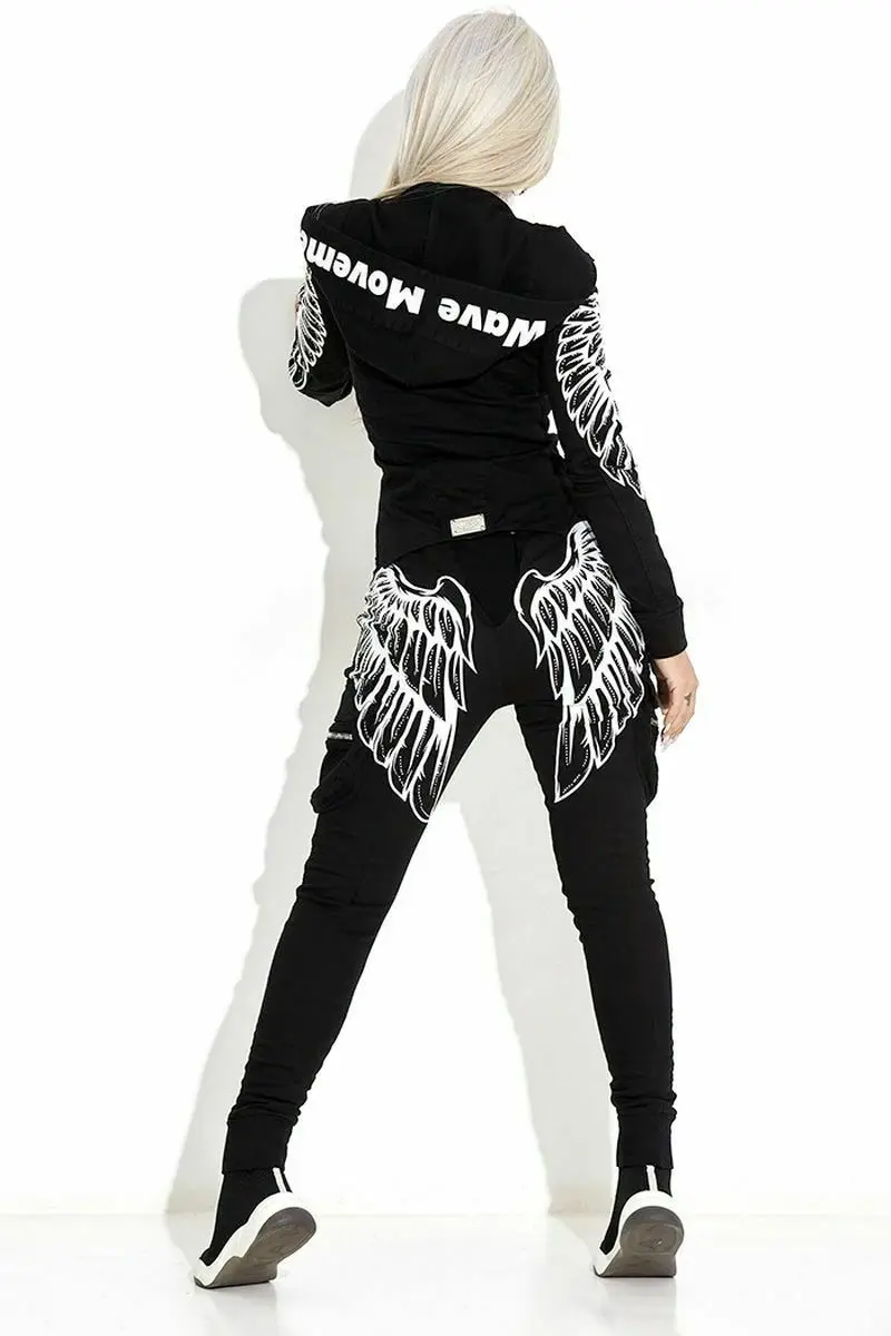 

Lugentolo Women Two Piece Outfits Wing Print Solid Zipper Hooded Casual Spring and Autumn New Pockets Elastic Waist Two Piece