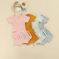kids baby girls clothing solid color casual set short sleeve crew neck bodysuit with drawstring elastic waist shorts for toddler
