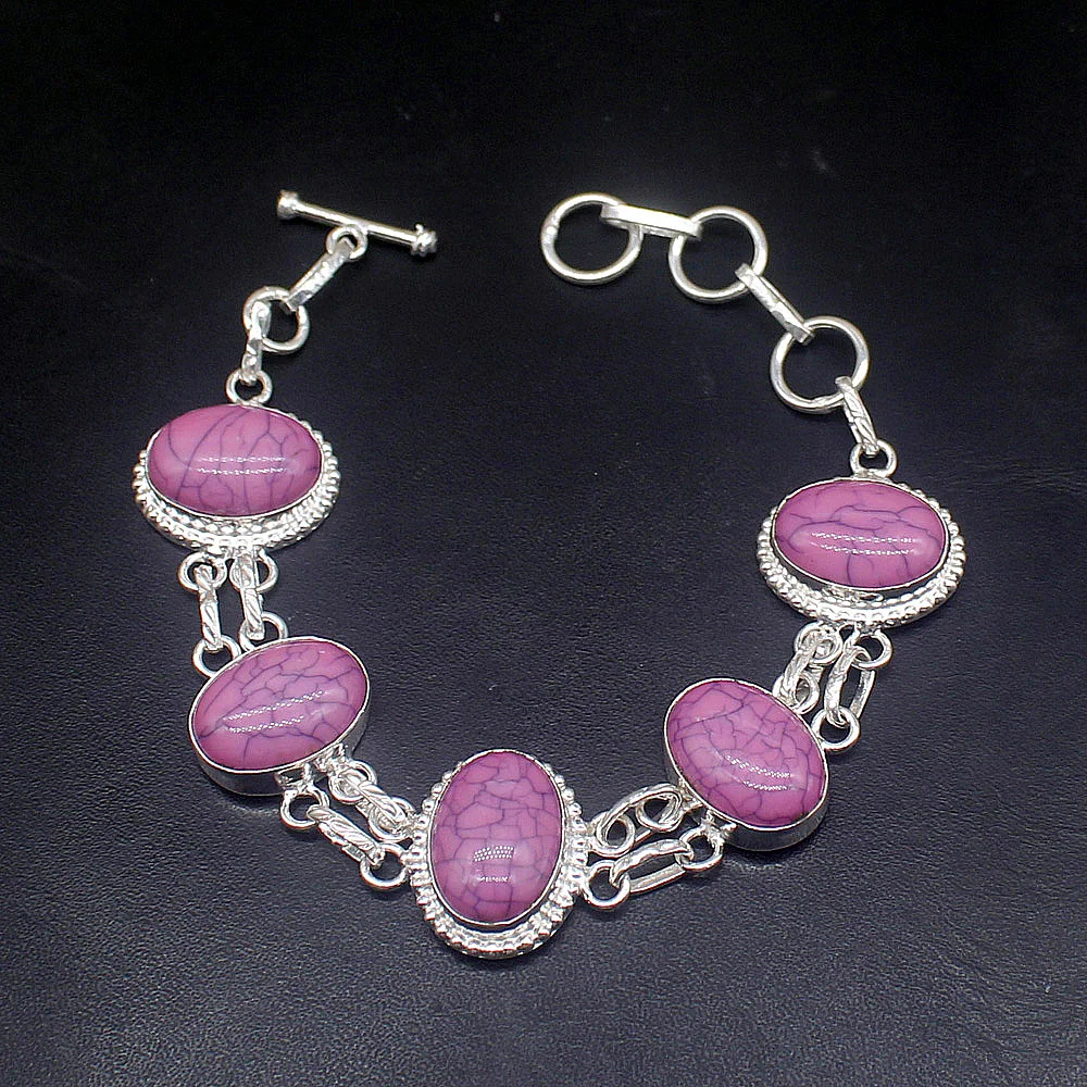 

Hermosa Jewelry Elegant Natural Purple Turquoise Silver Color Charms Chain Links Bracelets for Women 22cm 20214835