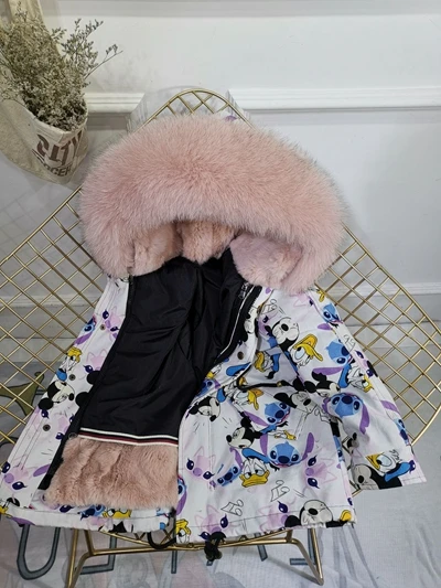 Mickey Pink Зимняя меховая куртка для девочек; сезон осень-зима; детская верхняя одежда; пальто из натурального кроличьего меха; толстые теплые парки для маленьких мальчиков; TZ330 - Цвет: Mickey Pink
