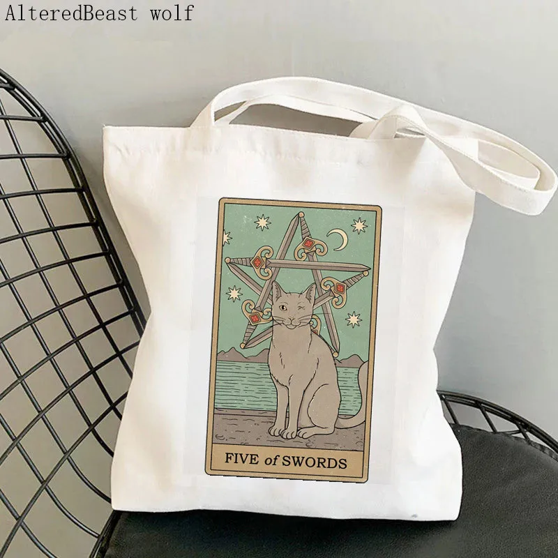 

Women Shopper bag Five of Swords cat Tarot Printed Bag Harajuku Shopping Canvas Shopper Bag girl handbag Tote Shoulder Lady Bag