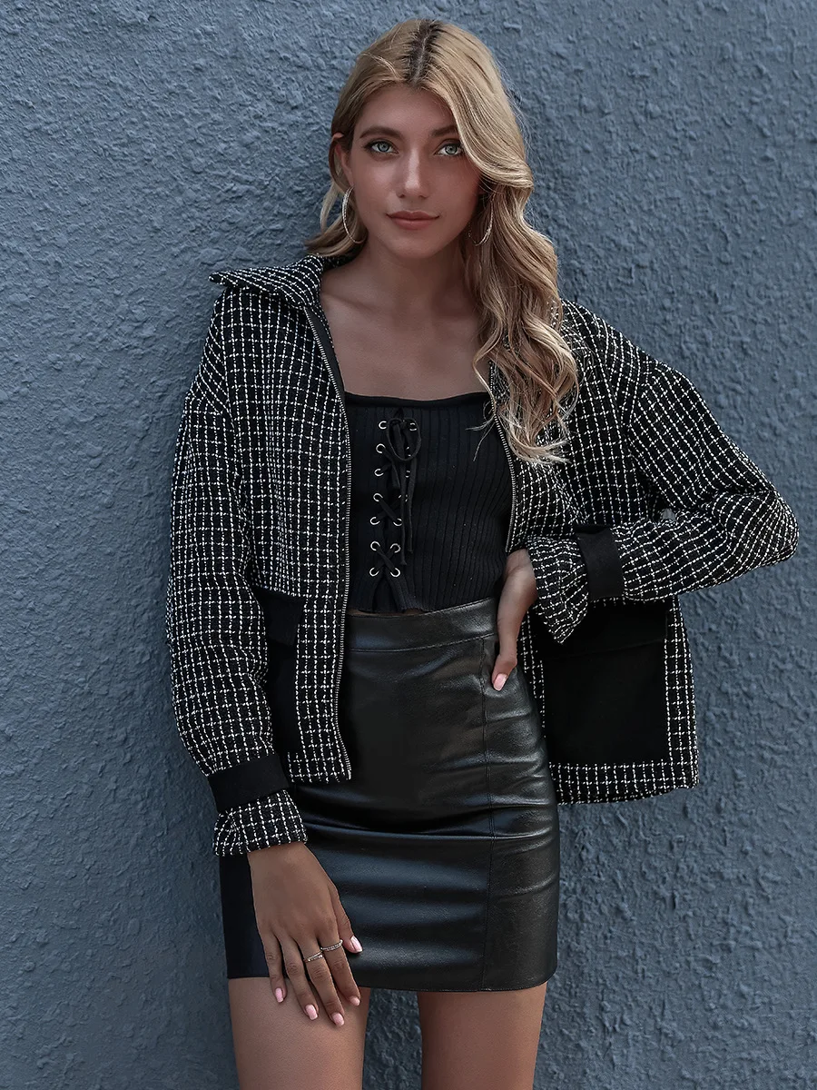 

2020 Autumn and winter hot selling European and American small lattice contracted loose style long-sleeved coat quick sell throu