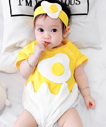 

0-24M Baby's Egg Pattern Jumpsuit, Cute Patchwork O-neck Short Sleeve Button Romper and Hairband