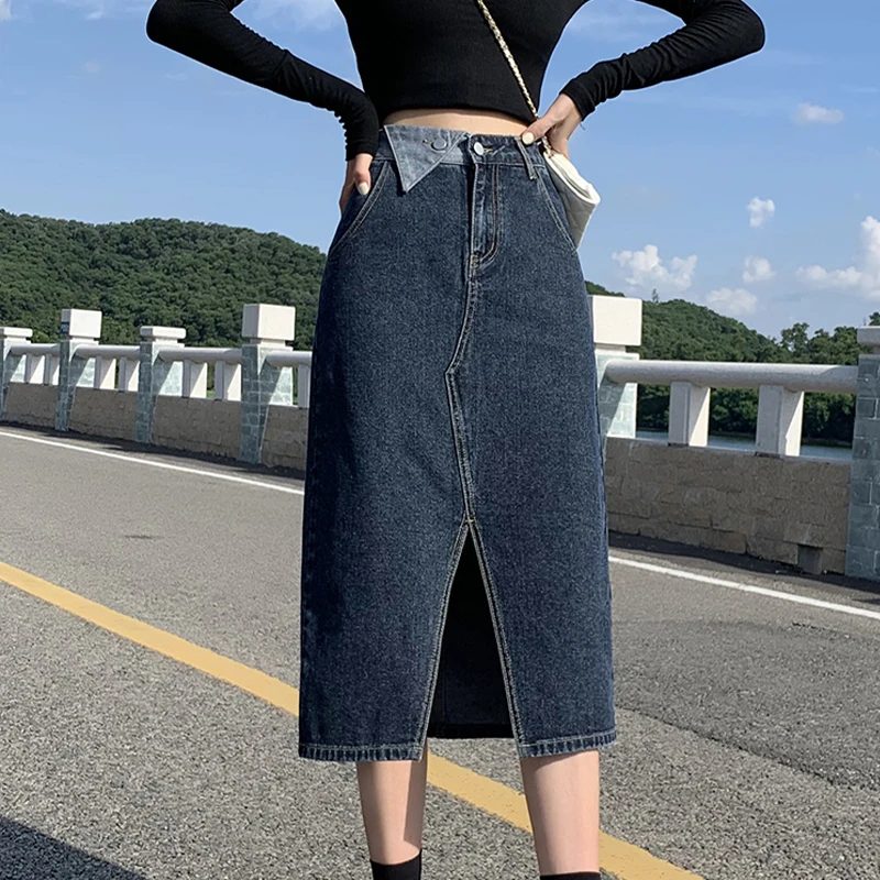 

All-match denim skirt 2021 autumn new triangle label patch design high waist mid-length split skirt fashion women's clothing