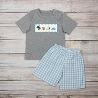 summer clothes gray short sleeve top and green plaid shorts coconut tree sailboat and sea wave embroidery pattern boys clothes