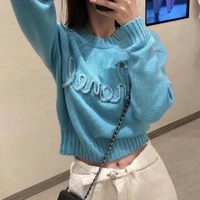 letter embroidery chic women knitwear round neck long sleeve trend pullover women korean loose simple solid lazy style sweaters