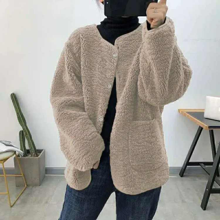 

Lamb fur coat women's short 2021 new autumn winter simple thickened round neck small man fur one-piece top