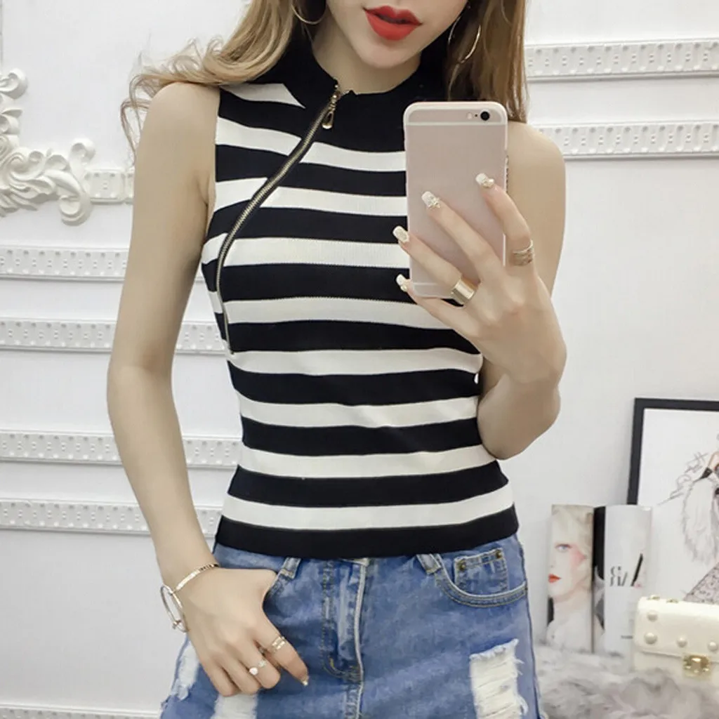 Женская футболка в полоску Вязанная без рукавов майка летняя тонкая топы Camiseta Mujer