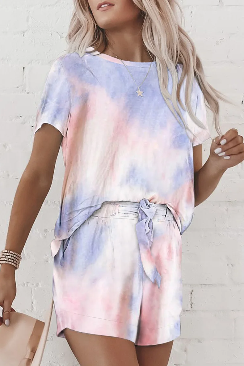 

Women Casual Loose Tie Dye Colorful Clothing Sets Lady Short Sleeve Pullover Crew Neck Top + High Waist Drawstring Shorts