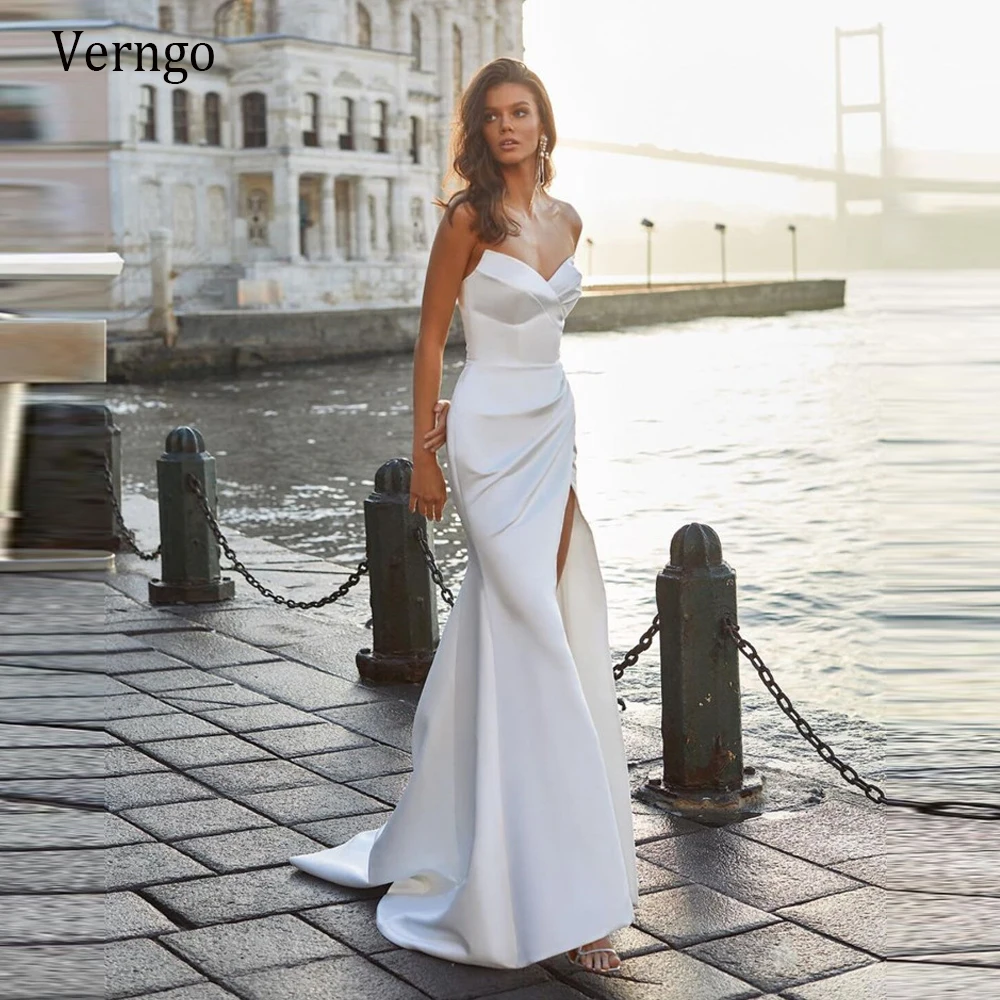 

Verngo New Modern Silk Satin Mermaid Wedding Dresses With Removable Sleeves Long Cape Heart Shape Neck Pleats 2021 Bridal Gown