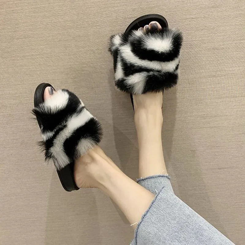 Сланцы женские с искусственным мехом розовые пушистые сандалии Нескользящие