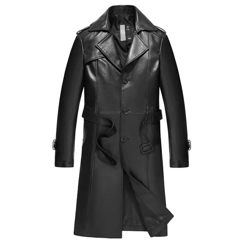 

Single Fashion Breasted Mens Military Belted Long Trench Coat High Quality Business Office Work Sheepskin Genuine Leather Jacket