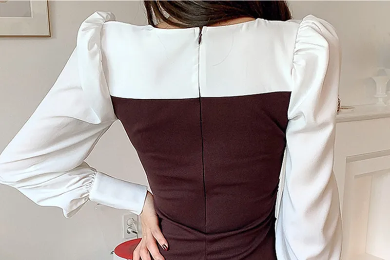 

JSXDHK Autumn Slim Patchwork Women Dresses Elegant Simple Folds Pencil Sheath Dress Bodycon Casual Vestidos Office Lady New