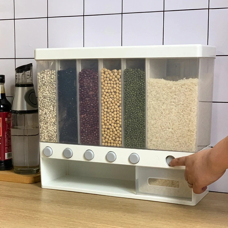 

10KG Wall Mounted Divided Rice and Cereal Dispenser 6 Moisture Proof Plastic Automatic Racks Sealed Food Storage Box Food Racks