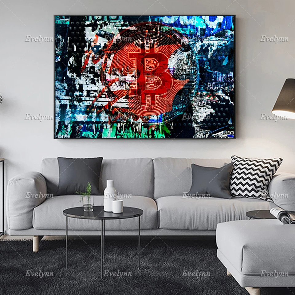 

Blue Red Bitcoin Graffiti Abstract Hd Wall Art Canvas Painting Wall Decor Poster and Print Office Home Decoration Floating Frame