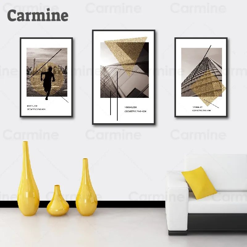 

Abstract Lines Canvas Painting Geometric Triangle Architecture Nordic Poster Golden and Gray Wall Pictures for Living Room Decor
