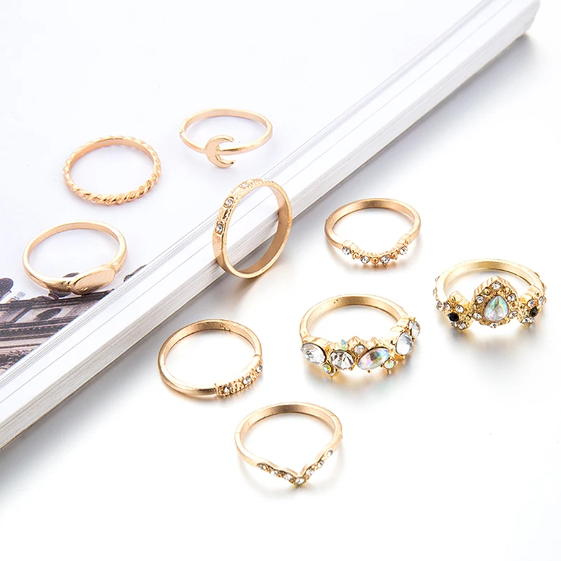 9 шт./компл. набор золотых колец в форме Луны с кристаллами V для женщин турецкое