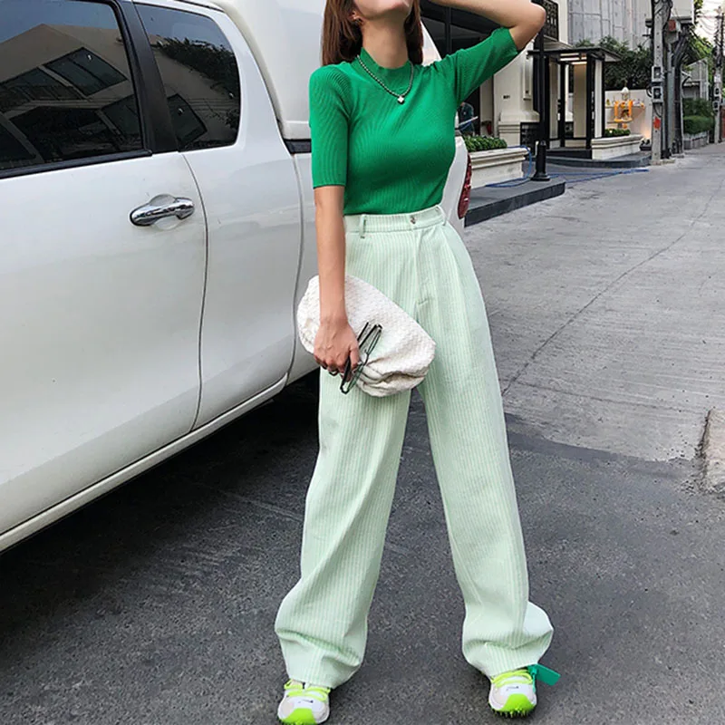 Полосатые брюки женские длинные прямые свободные хлопковые в Вертикальную