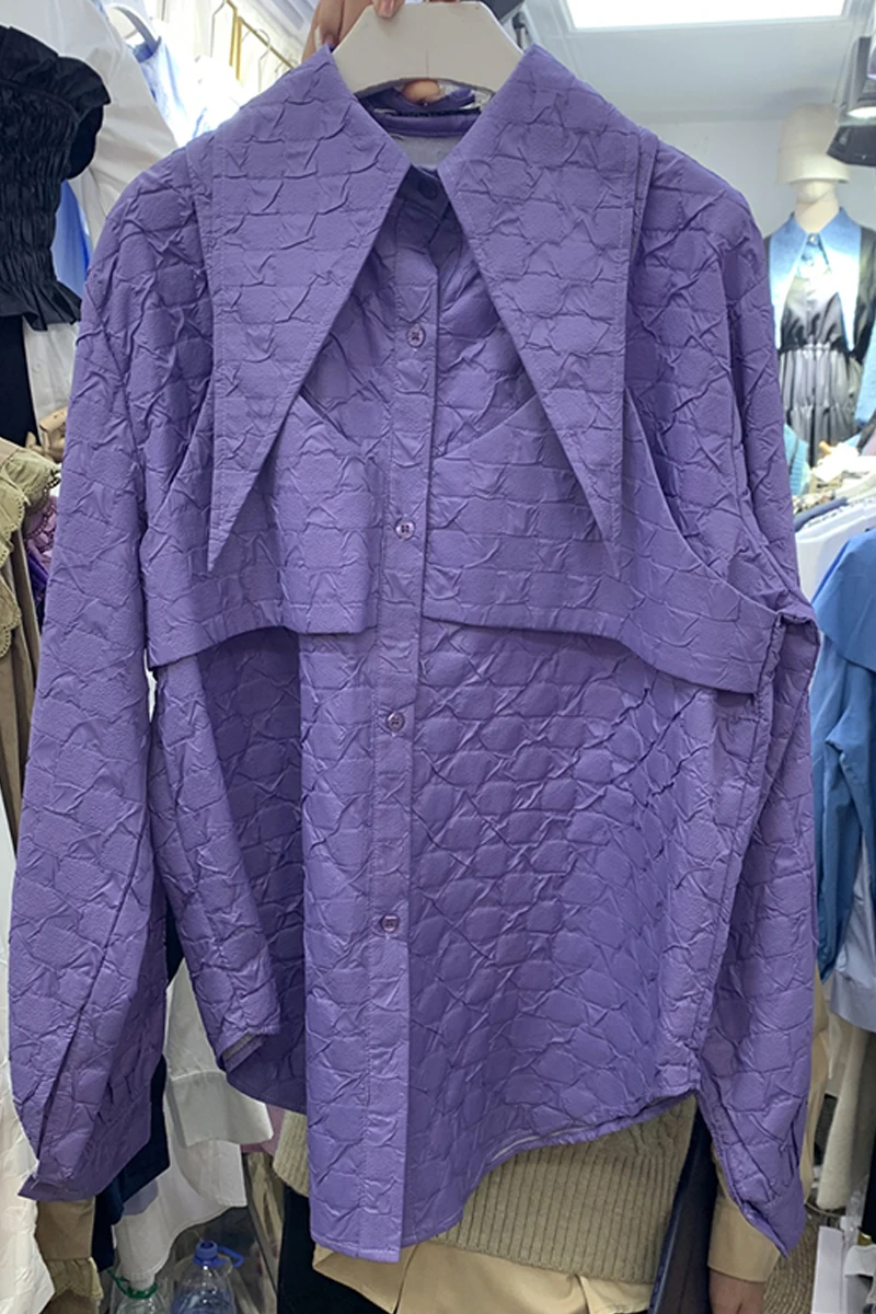 

2021 Spring New Loose Stitching Pointed Collar Shirt Irregular Casual Button Top Women's Fashion Plus Size Button Up Shirt