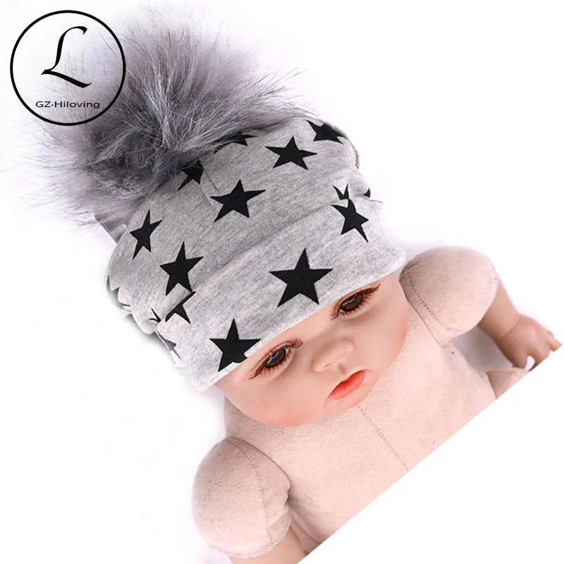 

Soft Newborn Baby Faux Fur Pompom Hats Baby Girls Boys Printing Star Beanies Hats and Caps Kids Toddler Infant Spring Gorros