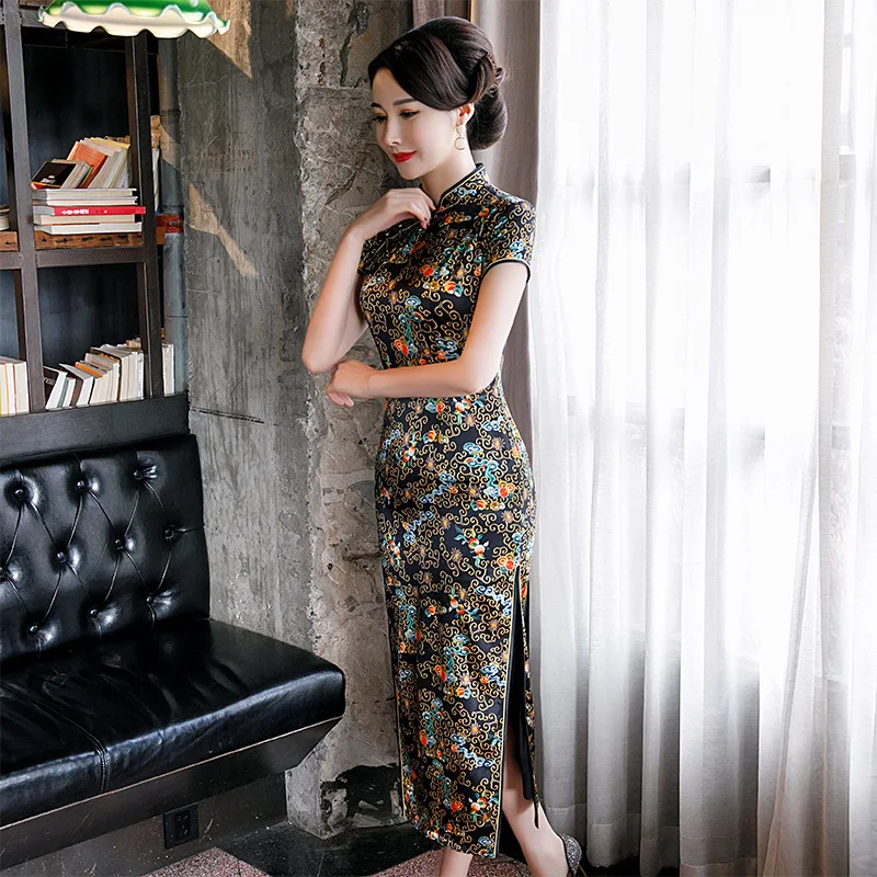 Весенне летние традиционные костюмы Ципао с коротким рукавом шелковое вечернее