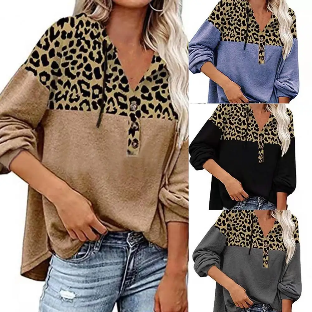 

Lady Hoodie Stylish Leopard Print Patchwork Hooded Drawstring Buttons Casual Loose V Neck Autumn Female Top for Daily Wear