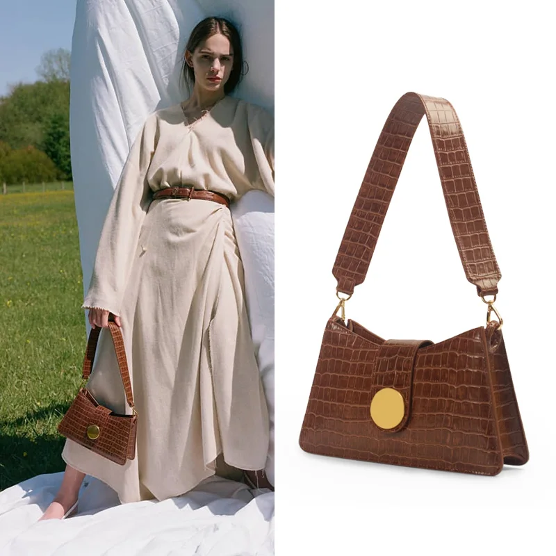 Винтажная сумка аллигатора с металлической круглой пряжкой на плечо кожаная