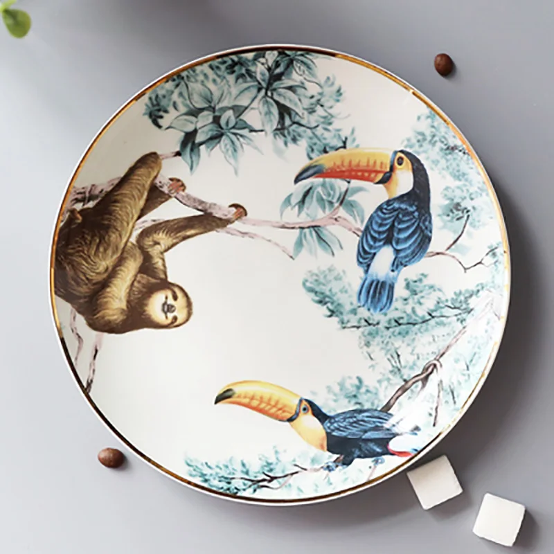 Lion Design Dish Gold Rim Main Plate Circular Ceramic Animal Forest Series Tableware Food Tray French Dishes 8/10inch | Дом и сад