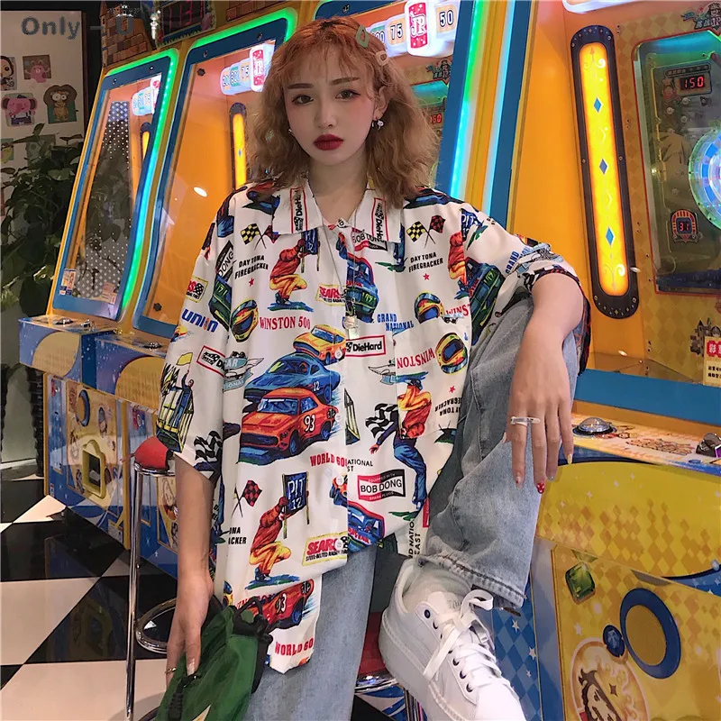 

Loose Casual Car Print Shirt Women's Shirts Ulzzang Japanese Kawaii Ladies Vintage Female Korean Harajuku Clothes For Women