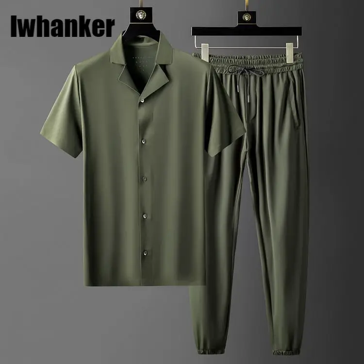 Летние мужские комплекты (футболка и брюки), роскошные однотонные тонкие мужские комплекты с коротким рукавом, тонкие мужские комплекты раз...