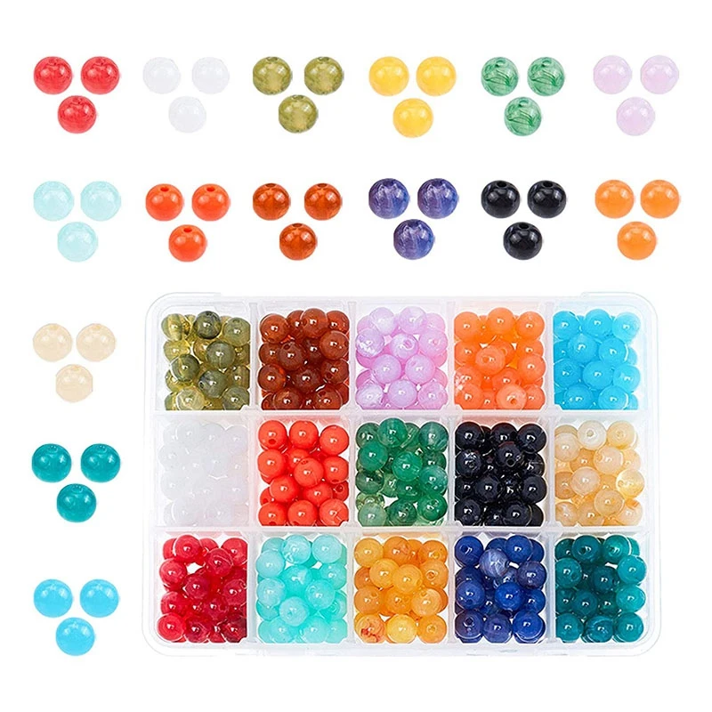 

1 коробка (около 450 шт.), 15 цветов, 8 мм, Круглый ассортимент акриловых бусин с имитацией драгоценных камней для изготовления ювелирных изделий