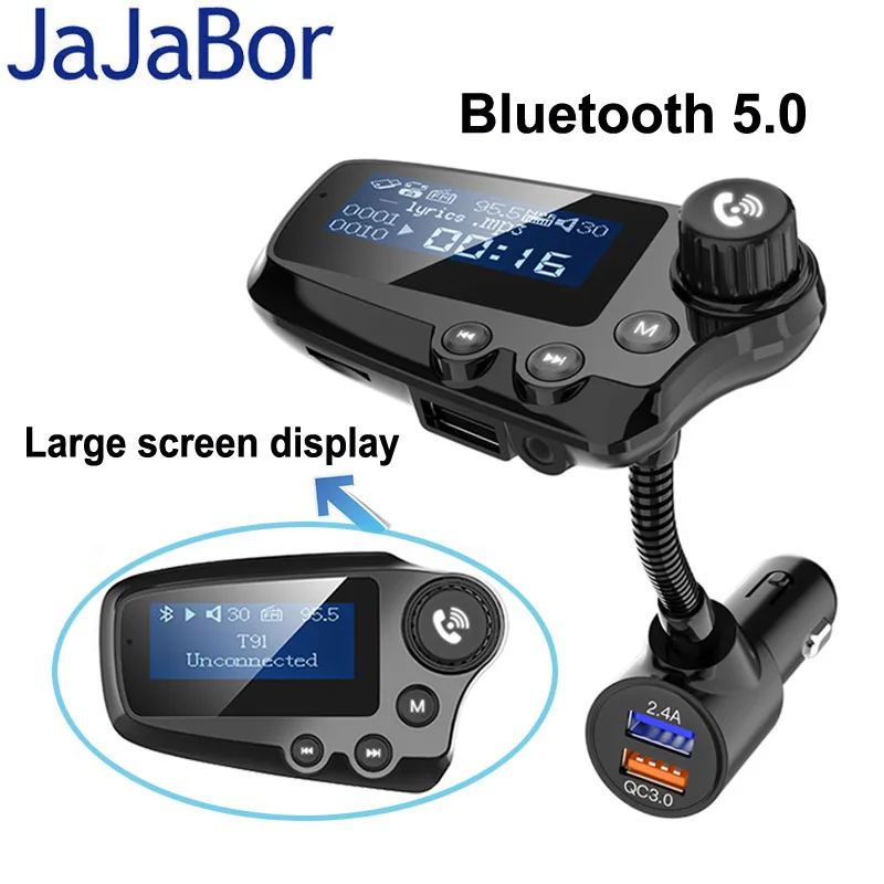 Jajabor Автомобильный комплект Bluetooth 5.0 Handsfree FM трансмиттер AUX Аудио приемник Автомобильный MP3-плеер QC3.0 Быстрая зарядка 1,8-дюймовый ЖК-дисплей