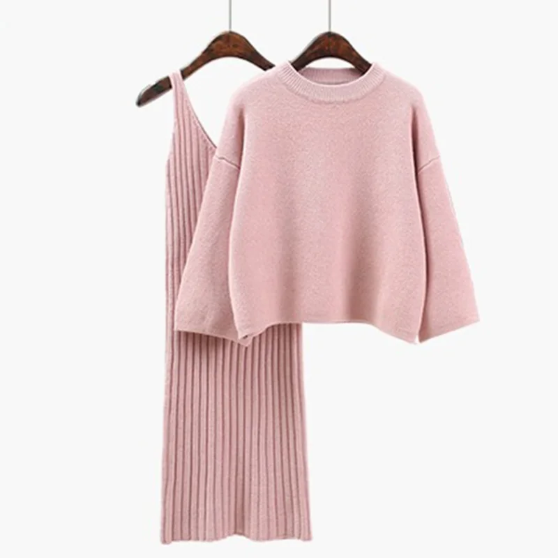 Pink Женский комплект из 2 предметов, модный свитер, облегающее платье на коленях+ трикотажные пуловеры, корейский свитер с рукавом три четверти и круглым вырезом, топы - Цвет: Pink