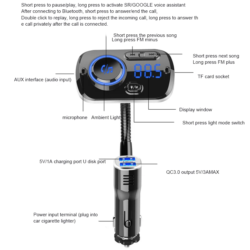 

Bluetooth 5.0 Car Kit Hands-Free Calling Fm Transmitter Aux o Car Player A2Dp Wireless Mp3 Universal Fast Charging