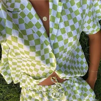 casual women lounge wear summer plaid tracksuit shorts set short sleeve shirt tops and mini shorts suit 2021 green two piece set