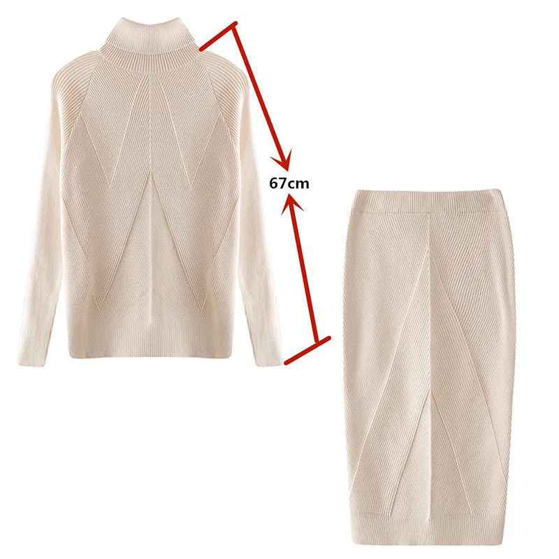 

Two Piece Set Women Skirt High Neck Knit Sweater Spring Midi Skirt Pullover Skirts Sets Solid Color Thickening Two Piece Outfits