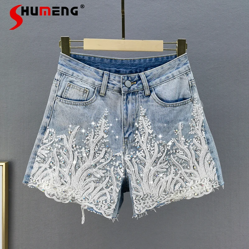 

Light Blue Diamond Embroidered Thin Denim Shorts Women's 2021 Summer New High Waist Loose Wide Leg Pants for Female