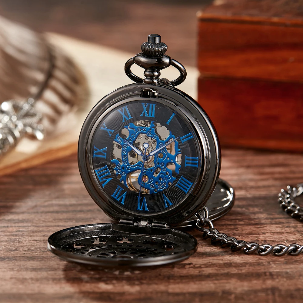 Black Classic Roman Mechanical Pocket Watch Carving Men Watches Stylish Retro Fob Hand Wind Double Hunter Clock Best Gifts