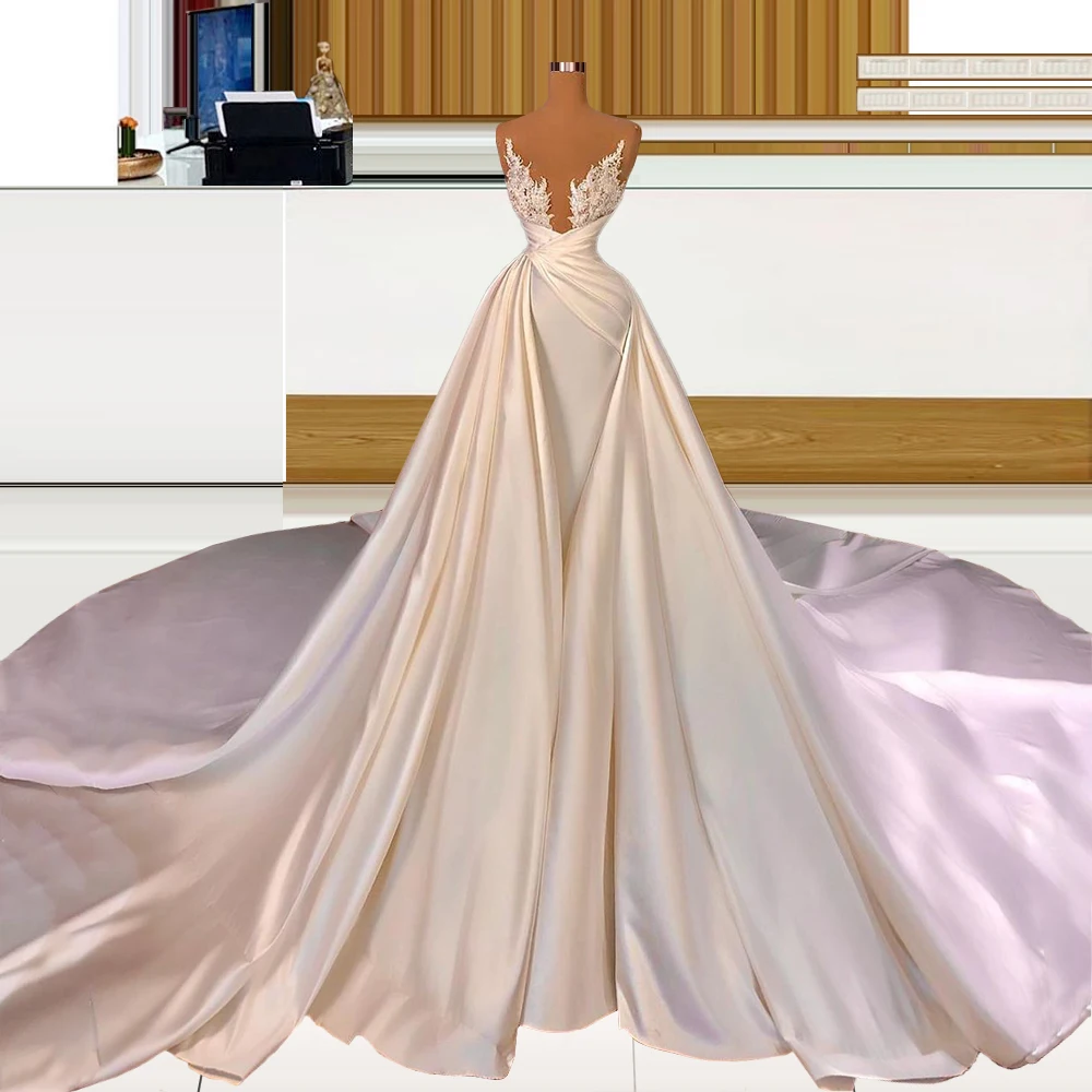 Атласное свадебное платье с коротким рукавом и длинным шлейфом Дубай съемный