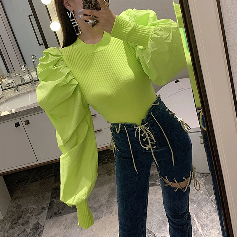 Женская трикотажная рубашка зеленая/черная/белая с рукавами-фонариками