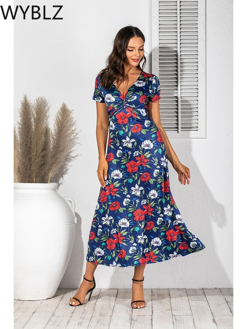 

WYBLZ Summer Floral Print Dress for Women Short Sleeve Ladies Casual Loose Dress Vestidos New 2021 evenning party Dresses robe