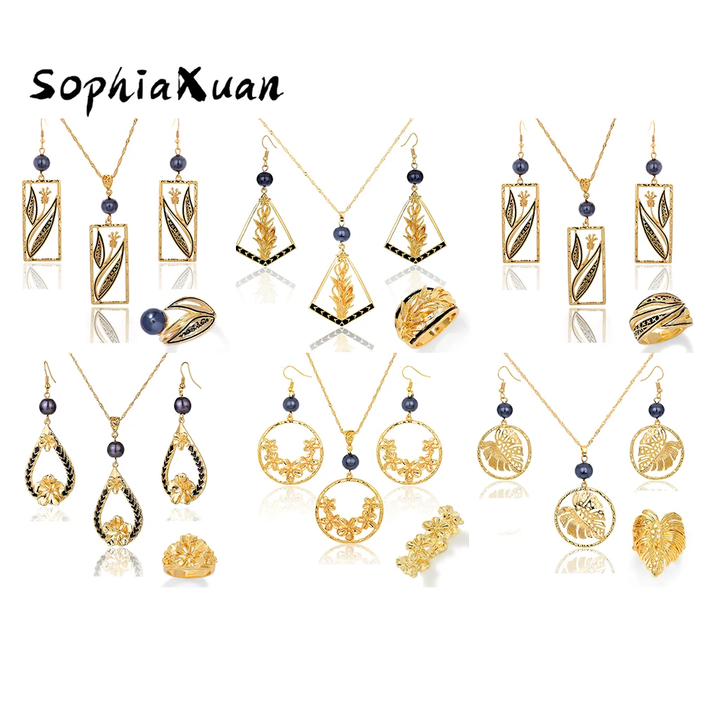 

Polynesian Hawaiian Gold Jewelry Set for Women 2020 New Sea Turtle Frangipani Pendant Necklaces Sets Trendy Big Ring Earring