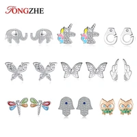 tongzhe 925 sterling silver earrings for women elephant fish butterfly owl pave cz luck turkey hamsa hand stud earrings jewelry