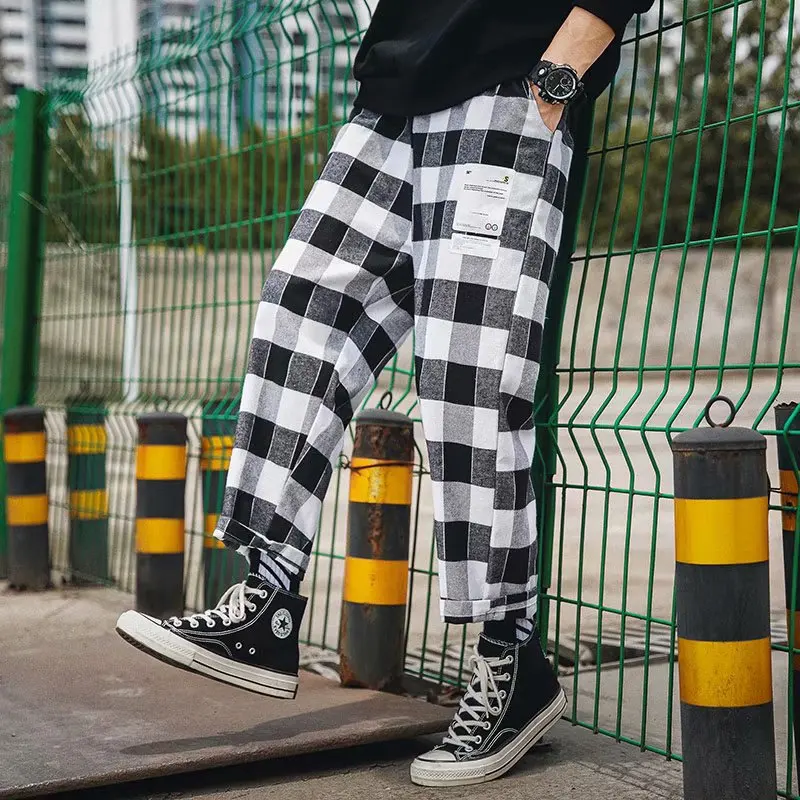

2021 summer new men's plaid loose wild legs straight tooling casual nine pants