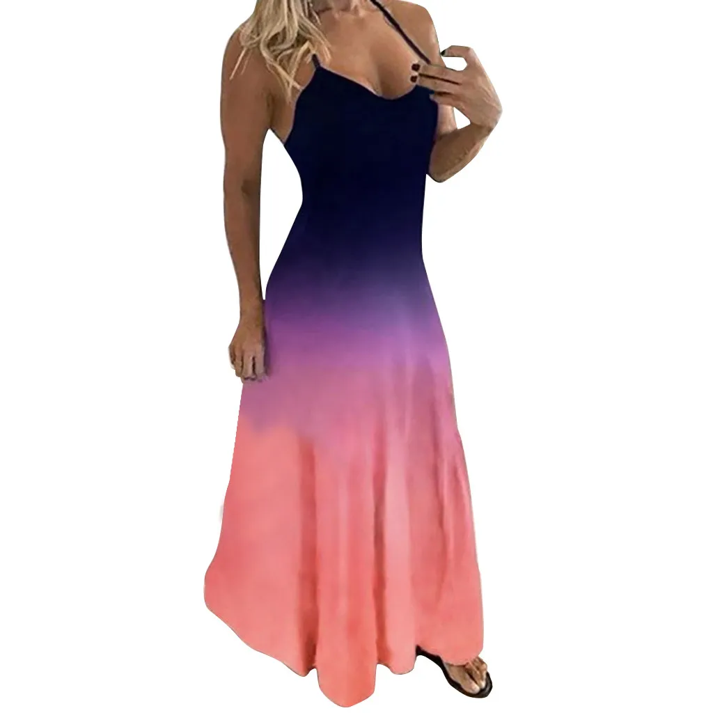 Женское длинное платье с О образным вырезом без рукавов крашеное градиентный