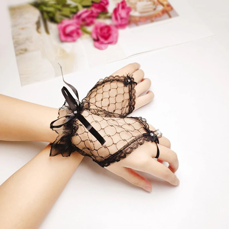

1Pair Trendy White Black Red Color Bride Party Gloves Fingerless Sexy Lace Short Bow Gloves For Women Party Wedding Gloves