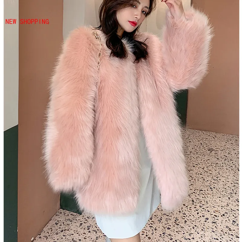 Winter Elegant Thick Warm Luxury Mink Coat Pink Fluffy Natural Fox Fur Jacket Fashion Teddy Coats Outerwear Chaquetas Mujer 2021