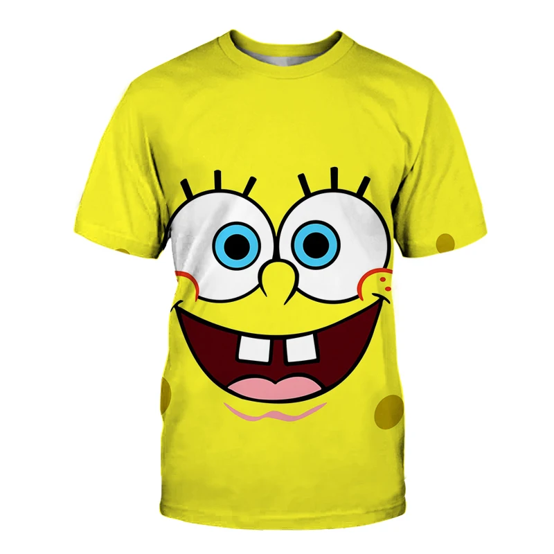 

2021 new classic yellow sponge funny anime 3D effect printing fashion casual sports men's and women's children's short sleeves