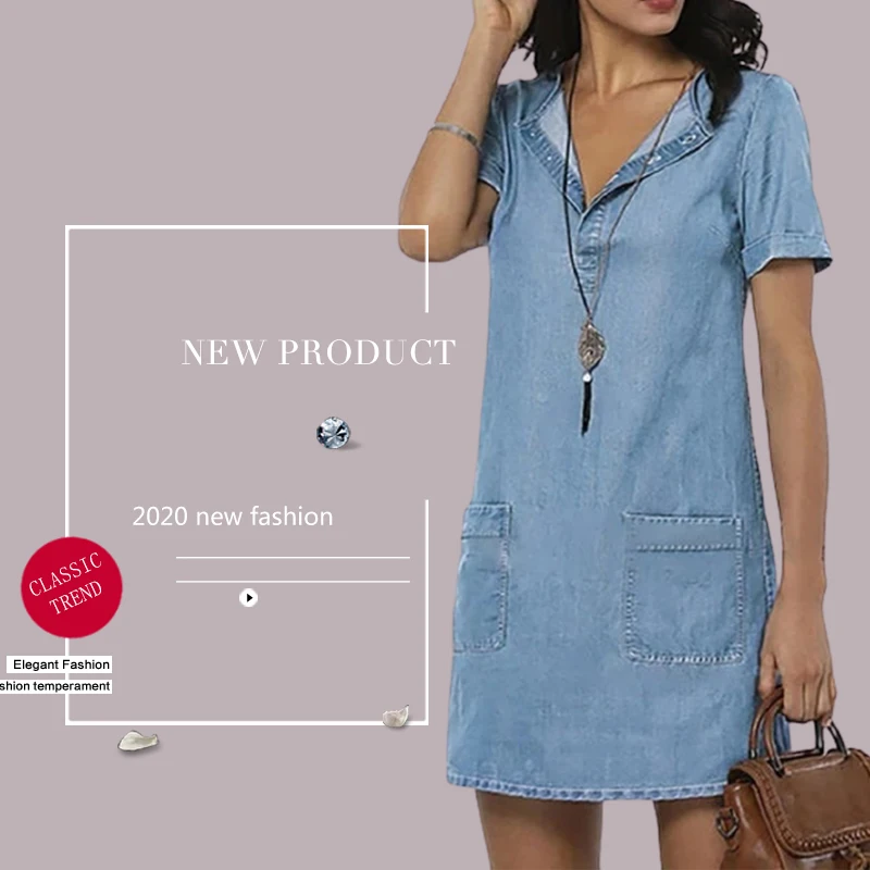 

Women Summer Splicing Short Sleeve Denim Dresses Solid color Denim skirt Thin section pocket Dress Ladies Casual A-line Dresses